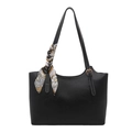 Black leather tote bag featuring a decorative silk scarf and white contrast stitching - Black