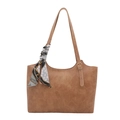 Brown vintage tote bag with decorative silk scarf and metal hardware on white background - Khaki