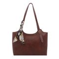 Brown faux leather tote bag with vintage texture and stylish printed silk scarf detail - Tan