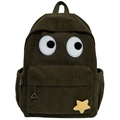 Cute dark olive green corduroy backpack with cartoon eyes and yellow star patch for students - Green Type 1