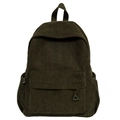 Minimalist corduroy student backpack in olive green with multiple storage pockets - Green Type 2