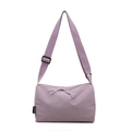 Minimalist light purple nylon tote bag with wide shoulder strap and brand label on white background - Purple