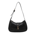 Glossy black crescent shoulder bag with gold clasp and adjustable strap on white background - Black