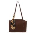 Bolso tote marrón retro con costuras blancas en contraste y bufanda de seda con estampado hípico - Marrón Oscuro