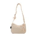 Chic beige nylon hobo bag with ruched cloud shoulder strap and sleek half-moon silhouette - White