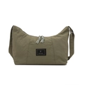 Japanese style olive green nylon shoulder bag with minimalist square logo and zipper detail - Green
