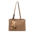 Brown faux leather tote bag with elegant floral scarf detail for commute use - Khaki