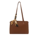 Brown faux leather tote bag with decorative silk scarf handle and white stitching - Tan