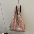 Detail of floral embroidery on pink cloud pattern satin shoulder bag with wide strap - Pink Without Pendant