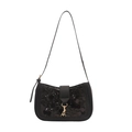 Elegant black sequin baguette bag with golden buckle and leather strap details - Black