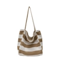 Large capacity canvas tote bag with brown and white stripes for women daily commute - Khaki