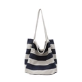 Striped canvas tote bag in navy and beige with thick woven rope handles and large capacity - Blue