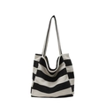Large black and white striped canvas tote bag with long shoulder straps for daily use - Black
