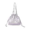 Blumen und Karomuster Patchwork Kordelzug Handtasche mit Spitze in Lila und Weiß - Lila