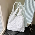 White floral lace embroidery canvas tote bag with 3D embossed flower textures - No Pendant / White