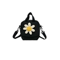 Mini borsa a tracolla in tela nera con decorazione margherita 3D e doppi manici - Nero