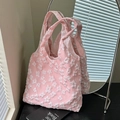Pink floral embroidered canvas tote bag with 3D white flower patterns and handles - No Pendant / Pink