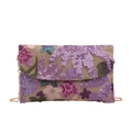 Linen envelope clutch bag featuring colorful floral sequin embroidery and gold chain strap - Purple