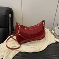 Chic red patent leather crescent underarm bag with gold chain and glossy finish - No Pendant / Red
