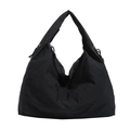 Black casual large capacity nylon tote bag with adjustable drawstring and wide shoulder strap - Black