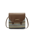 Rainbow striped woven crossbody bag with brown faux leather flap and gold JINGPIN logo - Brown