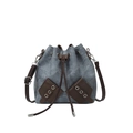 Grijze denim en bruin lederen emmertas met trekkoordsluiting en slanke schouderband - Blauw