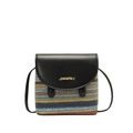 Rainbow woven straw bucket bag with black leather flap for summer beach vacation - Black