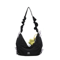Black crescent canvas bag with purple drawstring details and a yellow flower pendant - With Charm / Black