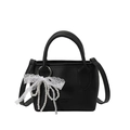 Chic black lychee grain bucket bag with pearl and lace bow charm accessories - With Pendant / Black