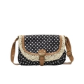 Retro canvas crossbody bag with white polka dots, lace trim and brown leather straps - Black