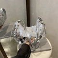 Silver sequin crescent shoulder bag with metallic chain strap and high-shine finish - Silver