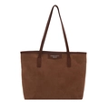 Minimalist brown suede tote bag with leather handles and brand nameplate on white background - Brown