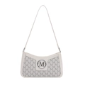 Bolso de hombro beige elegante con estampado de monograma M y logo metálico plateado - Blanco