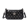 Glossy black quilted shoulder bag with sparkling rhinestones and a star-shaped ornament - Black
