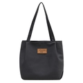 Grand sac fourre-tout noir en toile avec écusson en cuir marron et deux anses pour le travail - gris foncé