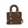 Deep brown quilted crossbody handbag with rhombus stitching and golden key charms - Brown with Pendant