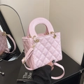 Pink quilted crossbody bag with circular handles and gold hardware in glossy PU leather - Pink Without Pendant