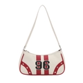 Retro cream shoulder bag with red stripes and number 96 embroidery in a 45-degree angle - White