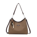 Borsa tote in tela marrone con manici in pelle e ciondolo decorativo in legno cerato - Marrone Grande Con Pendente