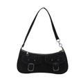 Retro black suede baguette bag with dual front pockets and subtle leopard texture - Black