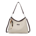 Elegante borsa tote in tela crema e marrone scuro con ciondolo di perline e due tracolle - Bianco Crema Grande Con Pendente