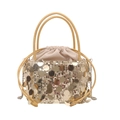 Glitzernde goldene Pailletten-Beuteltasche mit Kordelzug und metallischer Kette - Gold