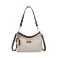 Borsa a tracolla beige in tela con finiture in pelle marrone e perline in legno colorate - Bianco Crema Piccolo Con Pendente