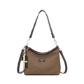 Borsa a tracolla in tela retrò con finiture in pelle marrone e nappine di perline - Marrone Piccolo Con Pendente