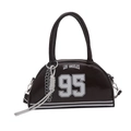Dark brown patent leather bowling bag with Los Angeles 95 print and silver chain strap - Brown
