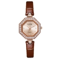 Octagonal rose gold watch with rhinestone bezel and brown leather strap for women - Rose Gold Case Rose Dial Coffee Strap