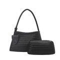 Minimalist black woven leather handbag set with shoulder bag and zip clutch purse - Black