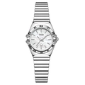 Elegante reloj de cuarzo plateado con esfera de nácar blanco y brazalete de acero - Caja Plateada Esfera Nácar Blanca Correa Plateada