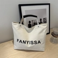Large off-white canvas tote bag with black FANYISSA logo and reinforced handles for commute - White