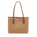 Grande borsa tote vintage beige con manici marrone scuro e cuciture bianche a contrasto - Khaki Senza Pendente